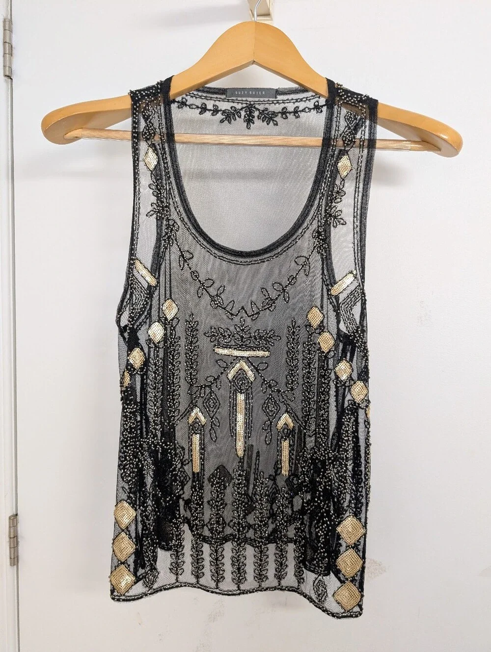 Suzy Shier Beaded Mesh Tank Top Black Gold Sequin Embellished Sleeveless Party T - Picture 2 of 7